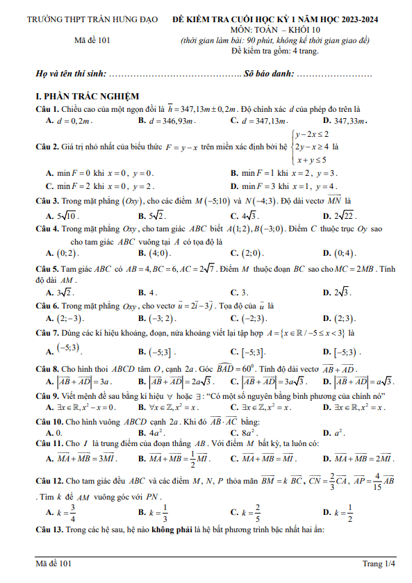 Đề cuối học kỳ 1 Toán 10 năm 2023 – 2024 trường THPT Trần Hưng Đạo – Đắk Lắk