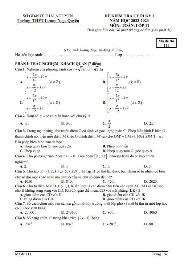 Đề cuối học kỳ 1 Toán 11 năm 2022 – 2023 THPT Lương Ngọc Quyến – Thái Nguyên