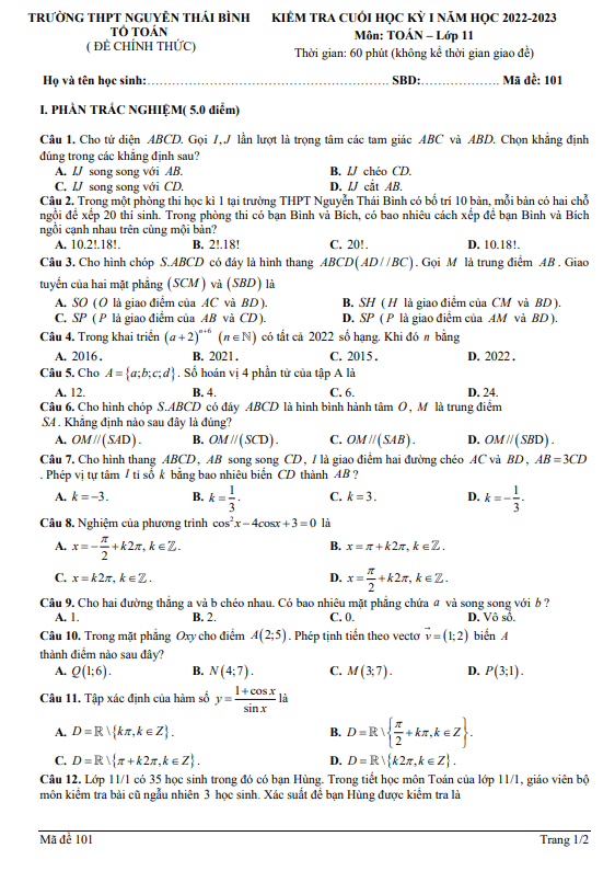 Đề cuối học kỳ 1 Toán 11 năm 2022 – 2023 trường Nguyễn Thái Bình – Quảng Nam