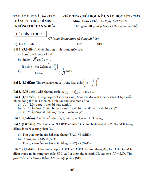 Đề cuối học kỳ 1 Toán 11 năm 2022 – 2023 trường THPT An Nghĩa – TP HCM