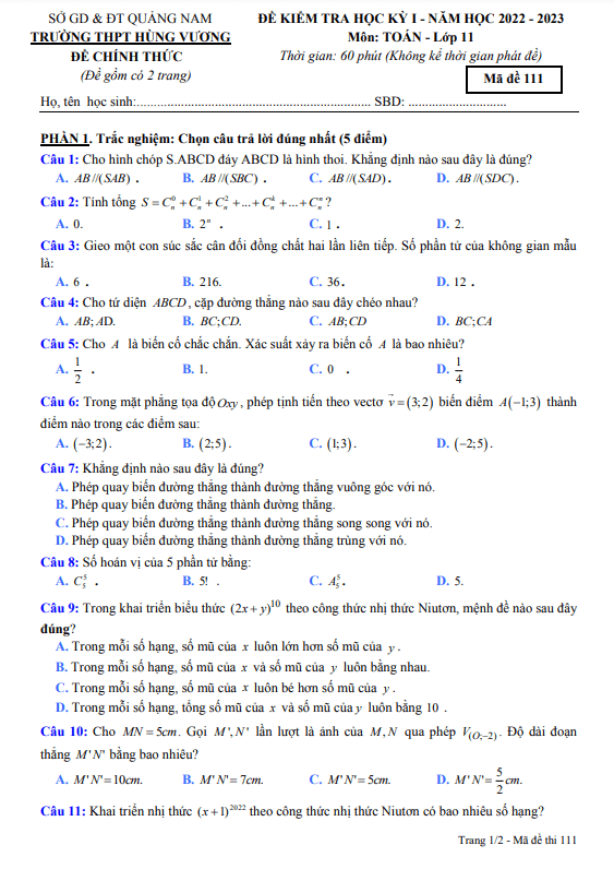 Đề cuối học kỳ 1 Toán 11 năm 2022 – 2023 trường THPT Hùng Vương – Quảng Nam