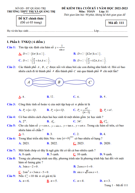 Đề cuối học kỳ 1 Toán 11 năm 2022 – 2023 trường THPT Thị xã Quảng Trị