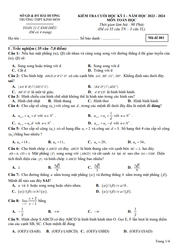 Đề cuối học kỳ 1 Toán 11 năm 2023 – 2024 trường THPT Kinh Môn – Hải Dương