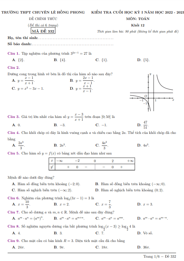 Đề cuối học kỳ 1 Toán 12 năm 2022 – 2023 trường chuyên Lê Hồng Phong – TP HCM
