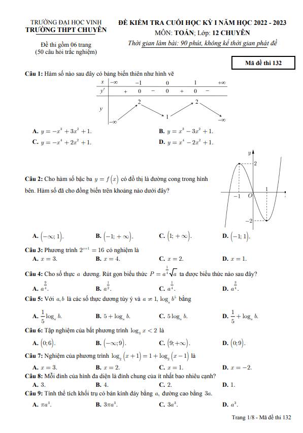 Đề cuối học kỳ 1 Toán 12 năm 2022 – 2023 trường THPT chuyên ĐH Vinh – Nghệ An