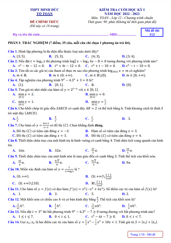 Đề cuối học kỳ 1 Toán 12 năm 2022 – 2023 trường THPT Minh Đức – TP HCM