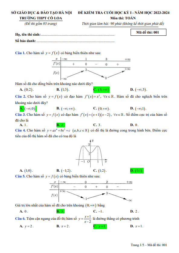 Đề cuối học kỳ 1 Toán 12 năm 2023 – 2024 trường THPT Cổ Loa – Hà Nội