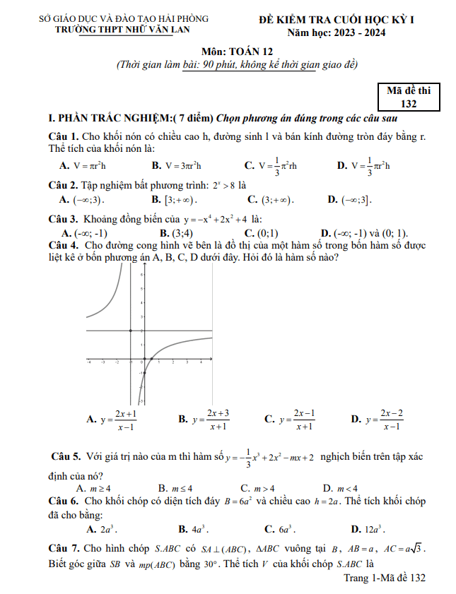 Đề cuối học kỳ 1 Toán 12 năm 2023 – 2024 trường THPT Nhữ Văn Lan – Hải Phòng