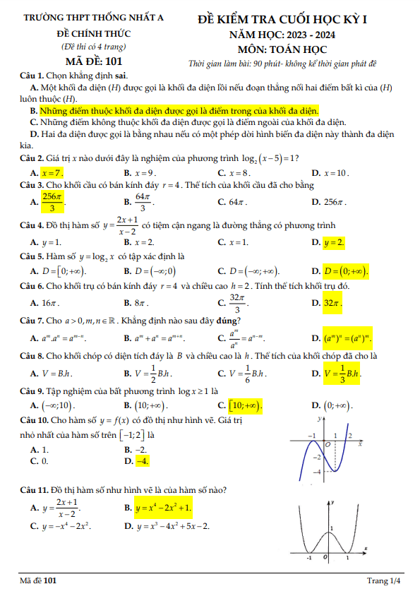 Đề cuối học kỳ 1 Toán 12 năm 2023 – 2024 trường THPT Thống Nhất A – Đồng Nai