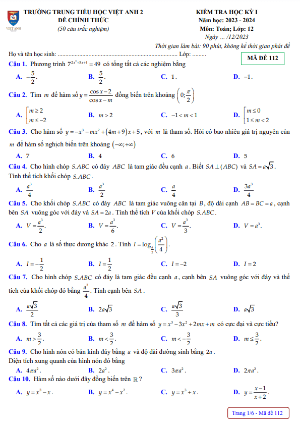 Đề cuối học kỳ 1 Toán 12 năm 2023 – 2024 trường Việt Anh 2 – Bình Dương