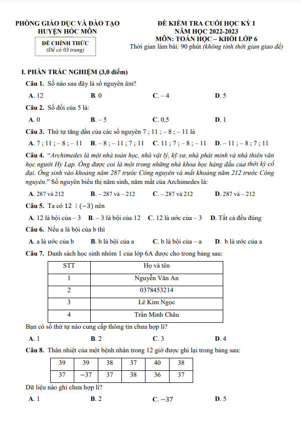Đề cuối học kỳ 1 Toán 6 năm 2022 – 2023 phòng GD&ĐT Hóc Môn – TP HCM
