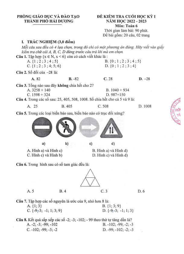 Đề cuối học kỳ 1 Toán 6 năm 2022 – 2023 phòng GD&ĐT thành phố Hải Dương