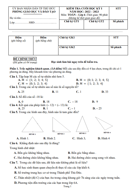 Đề cuối học kỳ 1 Toán 6 năm 2022 – 2023 phòng GD&ĐT Thủ Đức – TP HCM