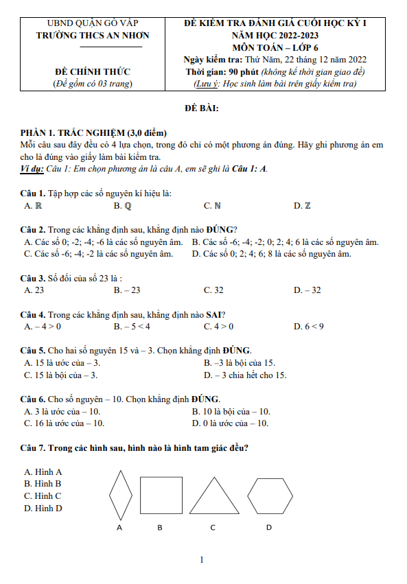Đề cuối học kỳ 1 Toán 6 năm 2022 – 2023 trường THCS An Nhơn – TP HCM
