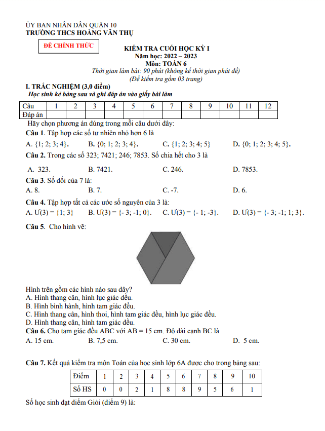 Đề cuối học kỳ 1 Toán 6 năm 2022 – 2023 trường THCS Hoàng Văn Thụ – TP HCM
