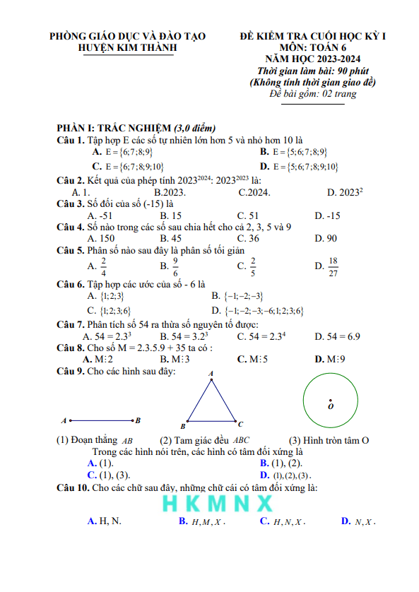 Đề cuối học kỳ 1 Toán 6 năm 2023 – 2024 phòng GD&ĐT Kim Thành – Hải Dương