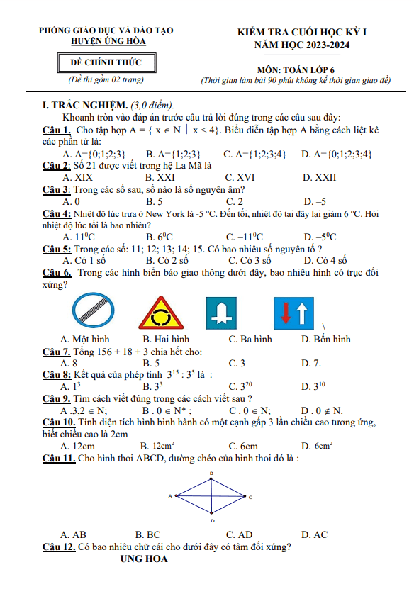 Đề cuối học kỳ 1 Toán 6 năm 2023 – 2024 phòng GD&ĐT Ứng Hòa – Hà Nội