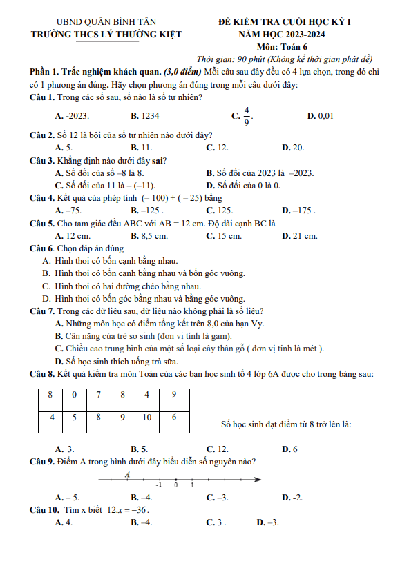 Đề cuối học kỳ 1 Toán 6 năm 2023 – 2024 trường THCS Lý Thường Kiệt – TP HCM
