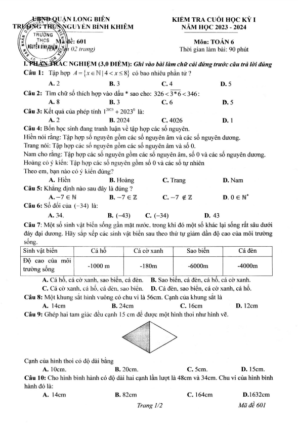 Đề cuối học kỳ 1 Toán 6 năm 2023 – 2024 trường THCS Nguyễn Bỉnh Khiêm – Hà Nội