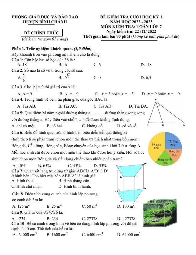 Đề cuối học kỳ 1 Toán 7 năm 2022 – 2023 phòng GD&ĐT Bình Chánh – TP HCM