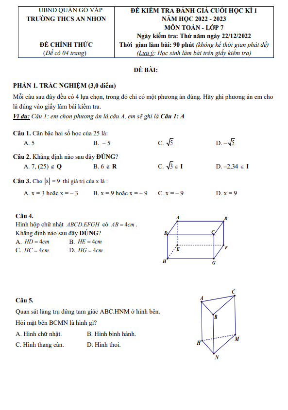 Đề cuối học kỳ 1 Toán 7 năm 2022 – 2023 trường THCS An Nhơn – TP HCM
