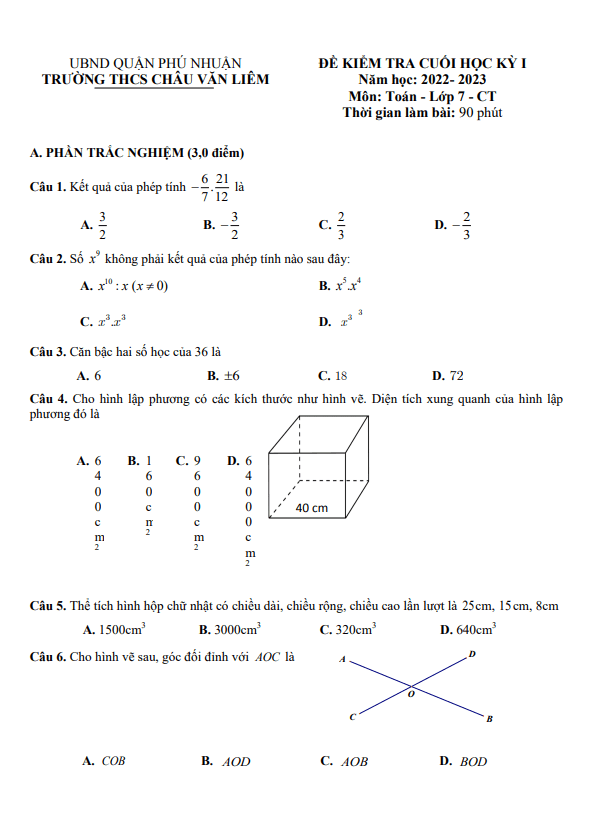 Đề cuối học kỳ 1 Toán 7 năm 2022 – 2023 trường THCS Châu Văn Liêm – TP HCM