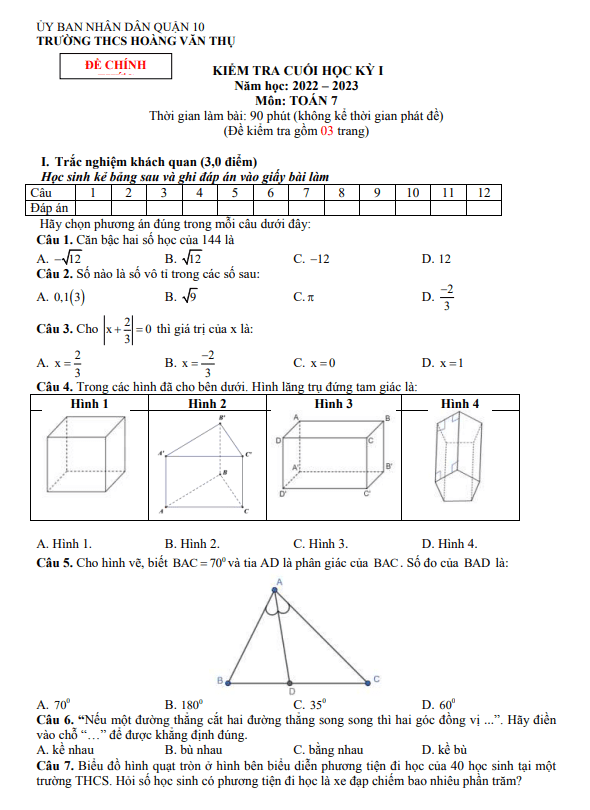 Đề cuối học kỳ 1 Toán 7 năm 2022 – 2023 trường THCS Hoàng Văn Thụ – TP HCM