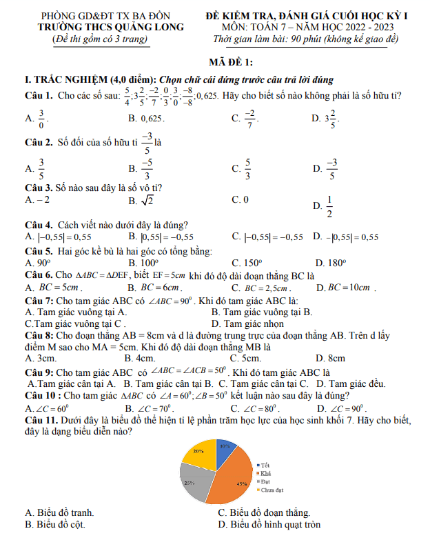 Đề cuối học kỳ 1 Toán 7 năm 2022 – 2023 trường THCS Quảng Long – Quảng Bình