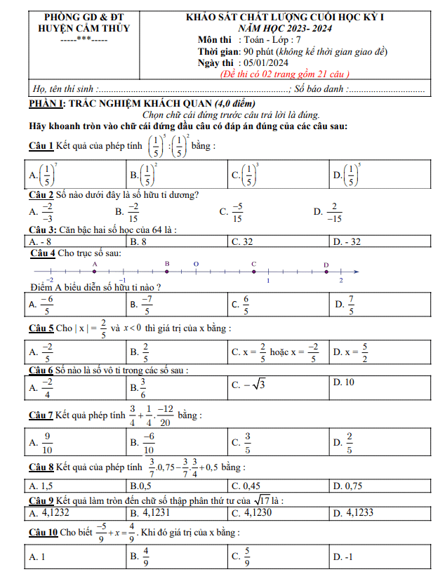 Đề cuối học kỳ 1 Toán 7 năm 2023 – 2024 phòng GD&ĐT Cẩm Thủy – Thanh Hóa