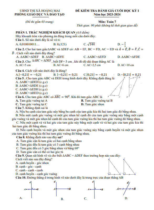 Đề cuối học kỳ 1 Toán 7 năm 2023 – 2024 phòng GD&ĐT Hoàng Mai – Nghệ An