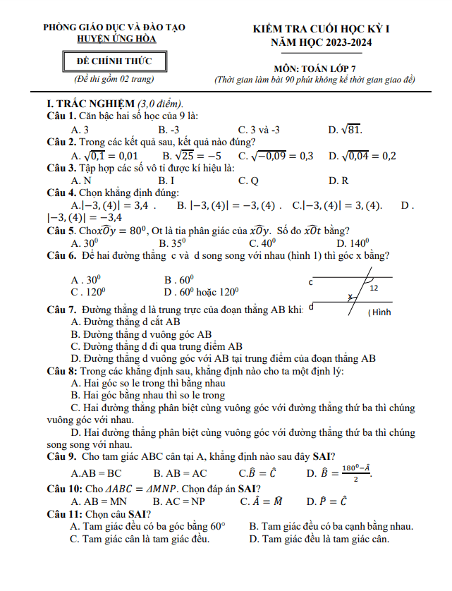 Đề cuối học kỳ 1 Toán 7 năm 2023 – 2024 phòng GD&ĐT Ứng Hòa – Hà Nội