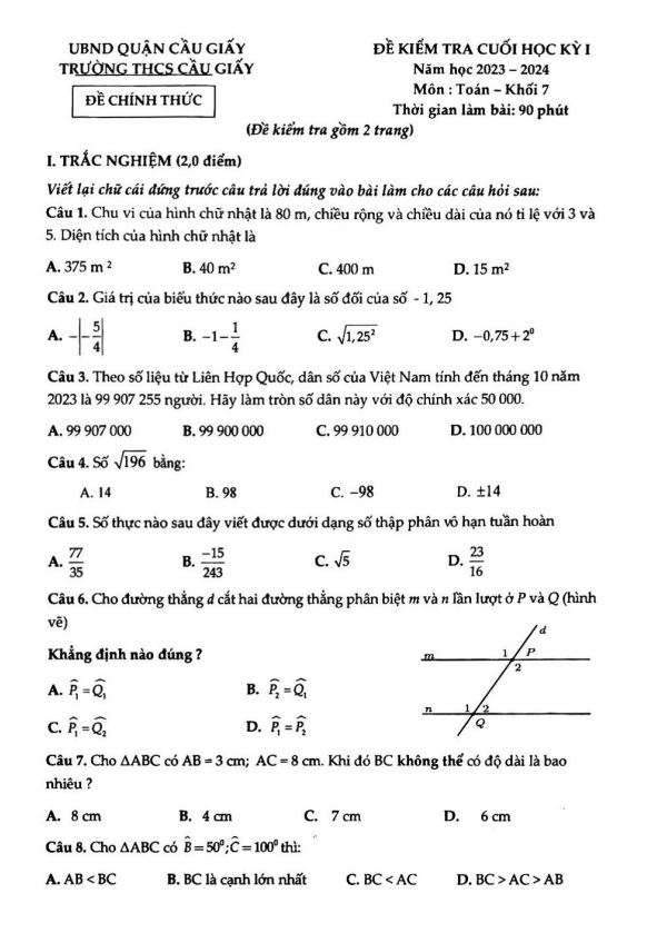 Đề cuối học kỳ 1 Toán 7 năm 2023 – 2024 trường THCS Cầu Giấy – Hà Nội
