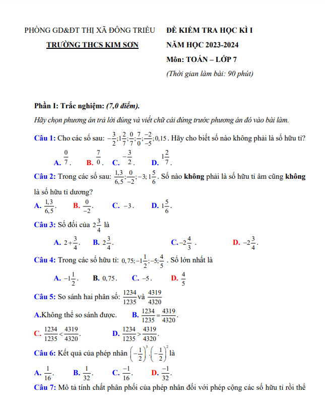 Đề cuối học kỳ 1 Toán 7 năm 2023 – 2024 trường THCS Kim Sơn – Quảng Ninh