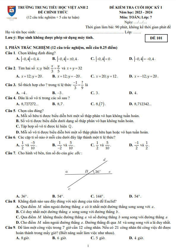 Đề cuối học kỳ 1 Toán 7 năm 2023 – 2024 trường Việt Anh 2 – Bình Dương