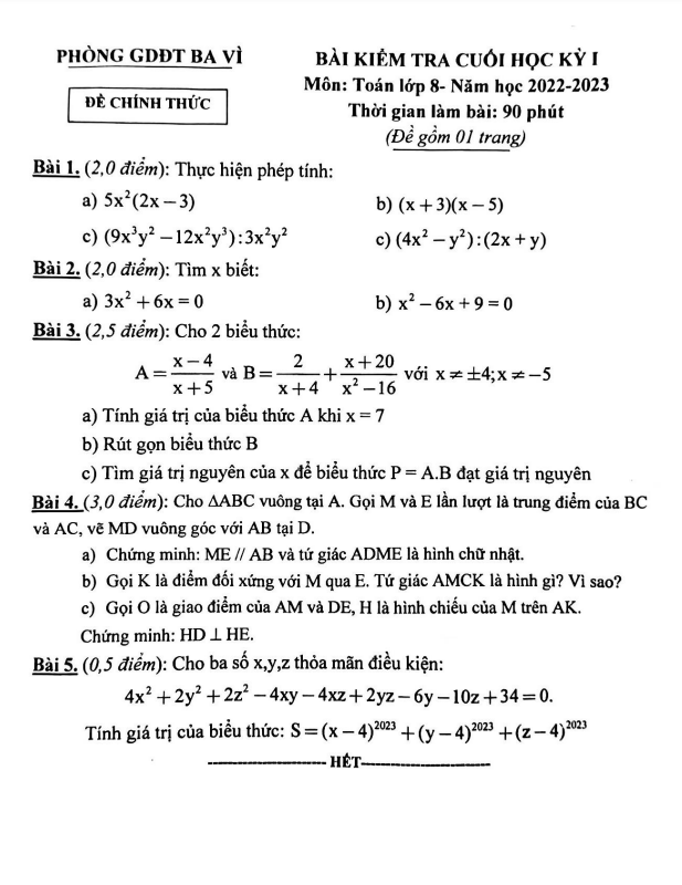 Đề cuối học kỳ 1 Toán 8 năm 2022 – 2023 phòng GD&ĐT Ba Vì – Hà Nội