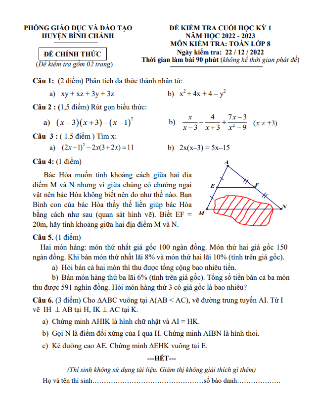 Đề cuối học kỳ 1 Toán 8 năm 2022 – 2023 phòng GD&ĐT Bình Chánh – TP HCM