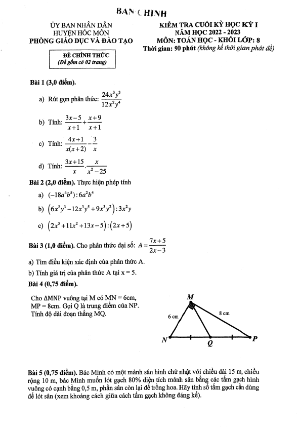 Đề cuối học kỳ 1 Toán 8 năm 2022 – 2023 phòng GD&ĐT Hóc Môn – TP HCM
