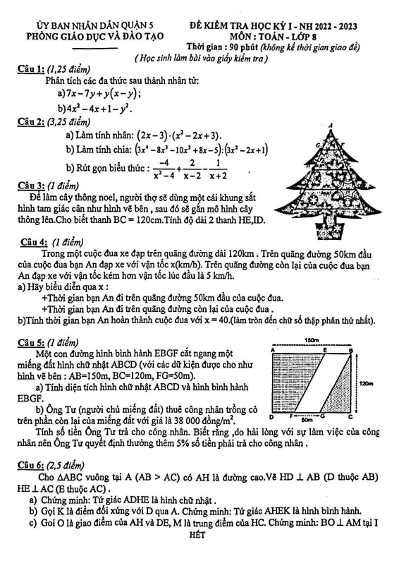 Đề cuối học kỳ 1 Toán 8 năm 2022 – 2023 phòng GD&ĐT Quận 5 – TP HCM