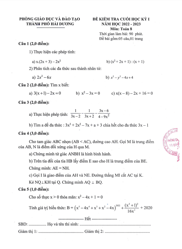 Đề cuối học kỳ 1 Toán 8 năm 2022 – 2023 phòng GD&ĐT thành phố Hải Dương