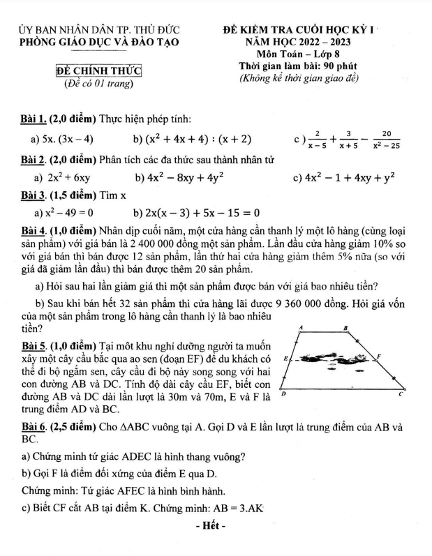 Đề cuối học kỳ 1 Toán 8 năm 2022 – 2023 phòng GD&ĐT Thủ Đức – TP HCM