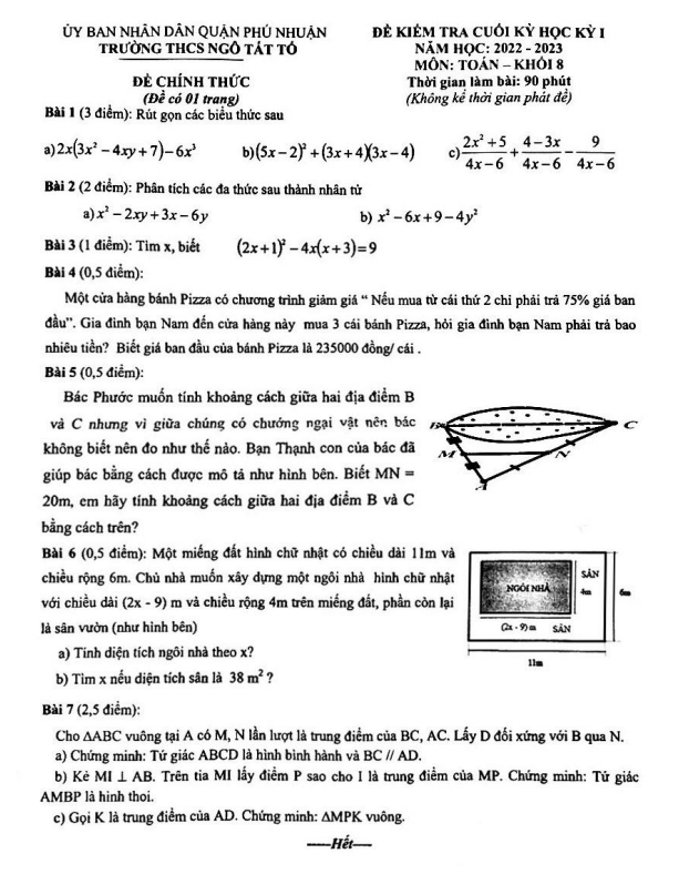 Đề cuối học kỳ 1 Toán 8 năm 2022 – 2023 trường THCS Ngô Tất Tố – TP HCM