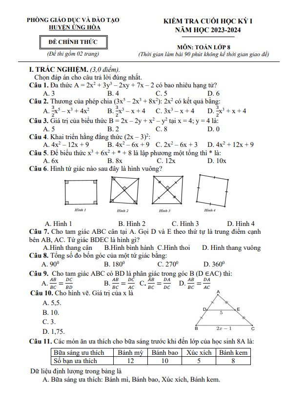 Đề cuối học kỳ 1 Toán 8 năm 2023 – 2024 phòng GD&ĐT Ứng Hòa – Hà Nội