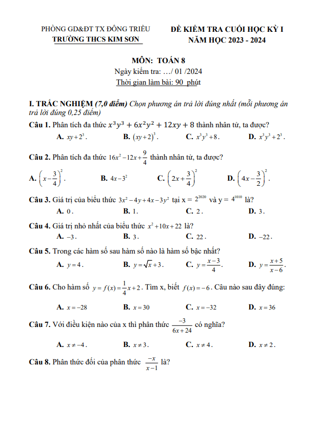 Đề cuối học kỳ 1 Toán 8 năm 2023 – 2024 trường THCS Kim Sơn – Quảng Ninh