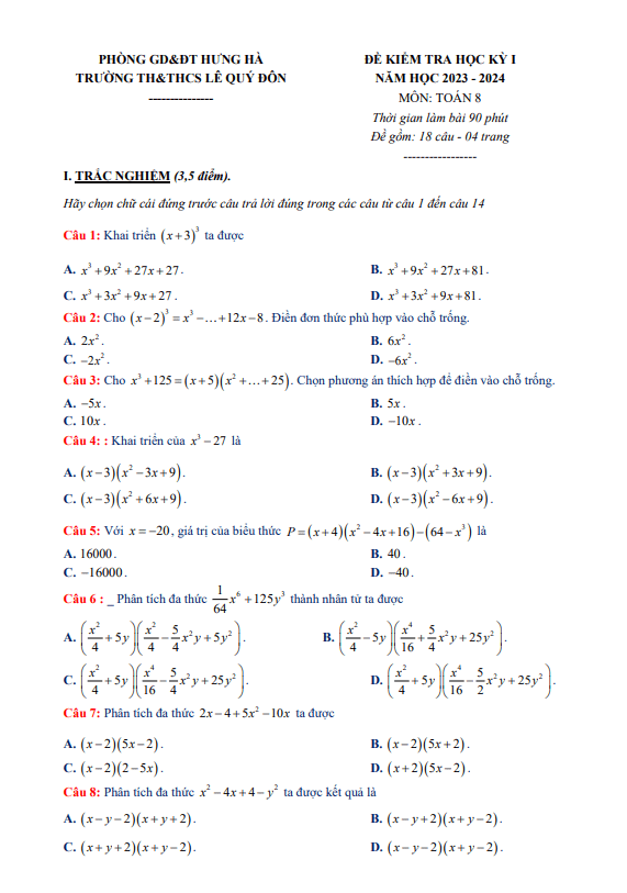 Đề cuối học kỳ 1 Toán 8 năm 2023 – 2024 trường TH&THCS Lê Quý Đôn – Thái Bình
