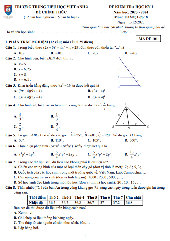 Đề cuối học kỳ 1 Toán 8 năm 2023 – 2024 trường Việt Anh 2 – Bình Dương
