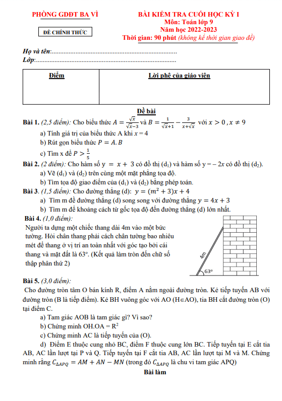 Đề cuối học kỳ 1 Toán 9 năm 2022 – 2023 phòng GD&ĐT Ba Vì – Hà Nội