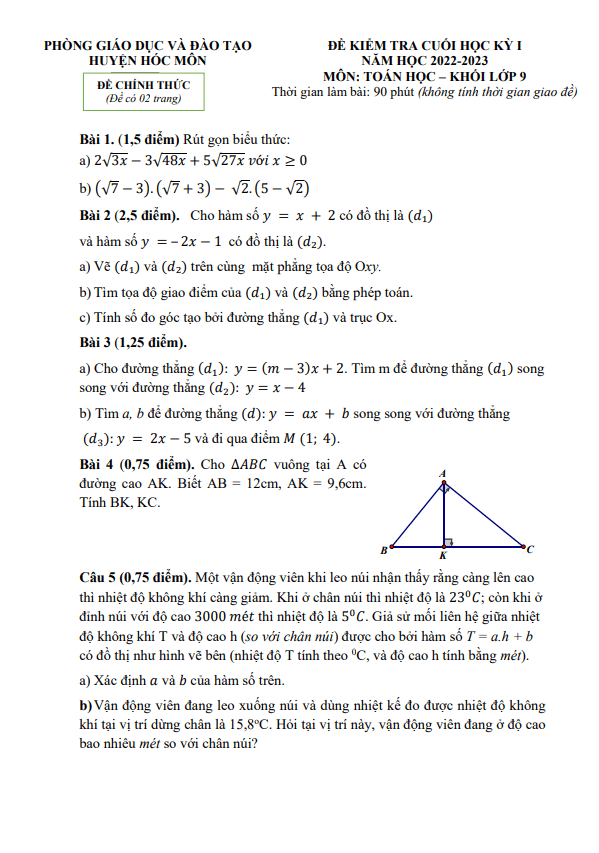 Đề cuối học kỳ 1 Toán 9 năm 2022 – 2023 phòng GD&ĐT Hóc Môn – TP HCM
