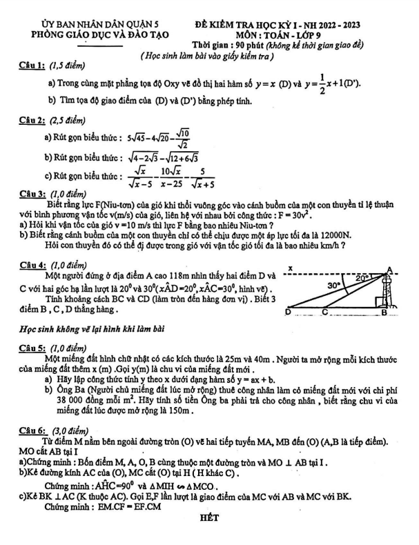 Đề cuối học kỳ 1 Toán 9 năm 2022 – 2023 phòng GD&ĐT Quận 5 – TP HCM