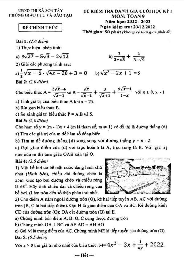Đề cuối học kỳ 1 Toán 9 năm 2022 – 2023 phòng GD&ĐT Sơn Tây – Hà Nội