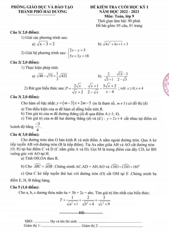 Đề cuối học kỳ 1 Toán 9 năm 2022 – 2023 phòng GD&ĐT thành phố Hải Dương